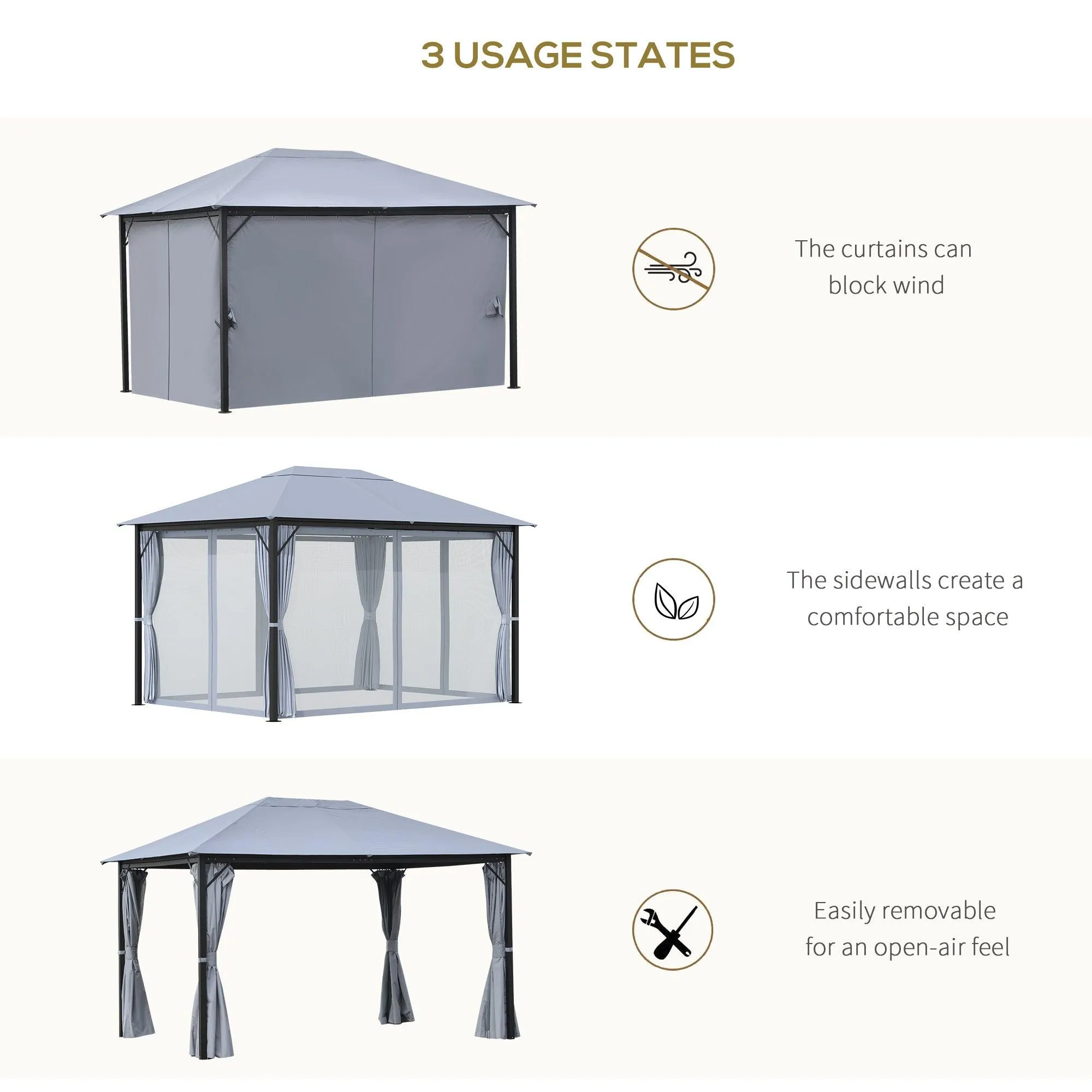 10' x 13' Patio Gazebo, Aluminum Frame, Outdoor Gazebo Canopy Shelter with Netting & Curtains, Gray