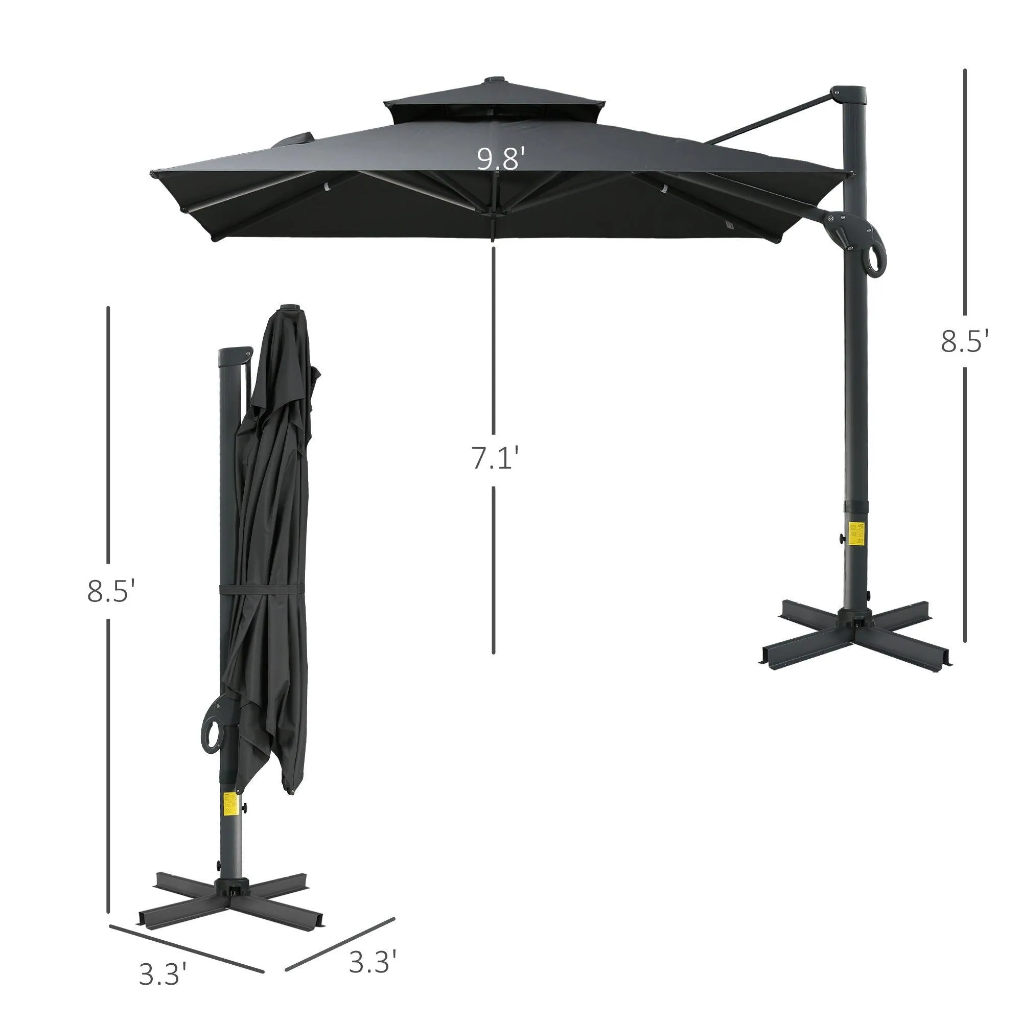 10ft Gray Offset Patio Umbrella, Square Cantilever Design, Tilt & 360° Rotation, Aluminum Cross Base