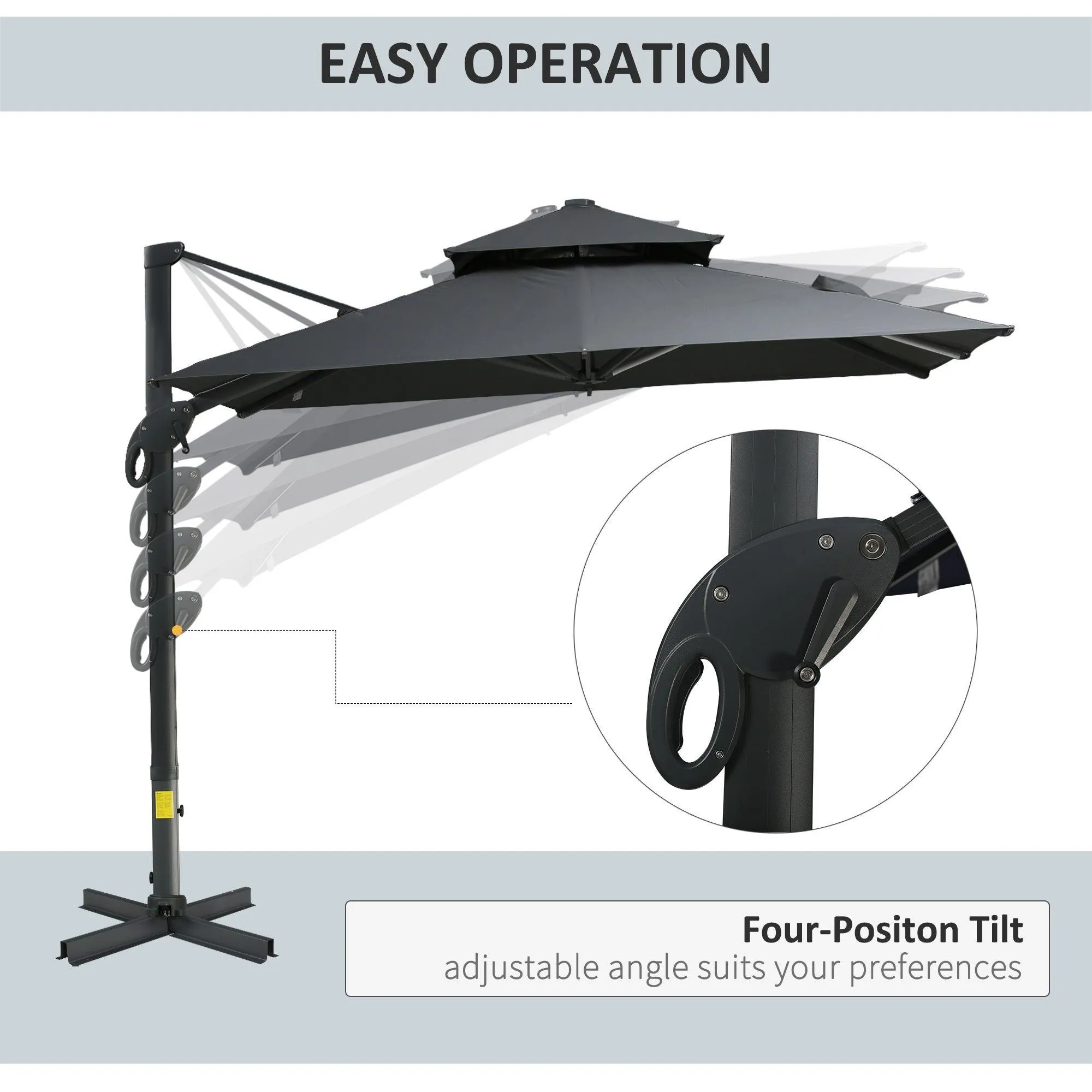 10ft Gray Offset Patio Umbrella, Square Cantilever Design, Tilt & 360° Rotation, Aluminum Cross Base