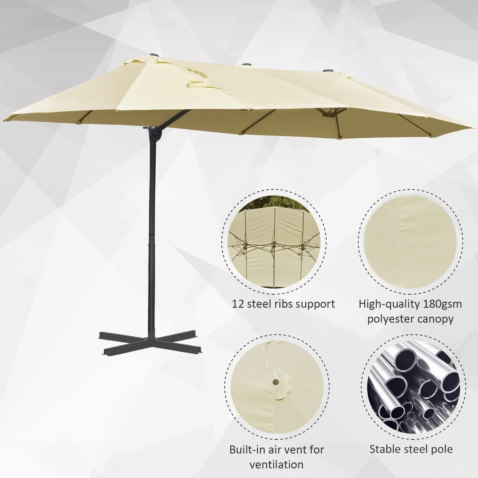 14ft Off-White Double-Sided Patio Umbrella with Crank, Extra Large with Cross Base for Deck, Lawn, Backyard, and Pool