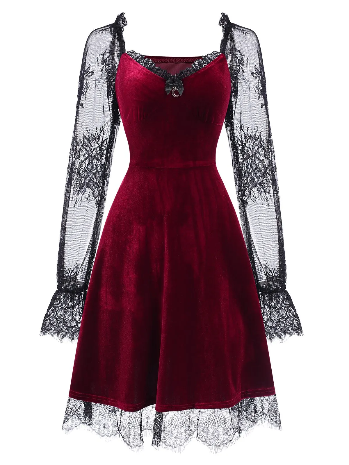 1940s Velvet Lace Flared Patchwork Dress