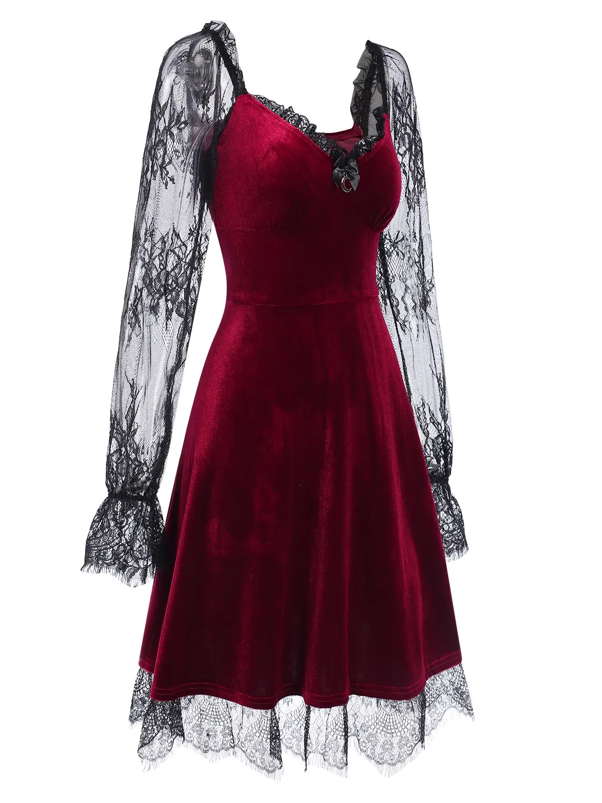 1940s Velvet Lace Flared Patchwork Dress