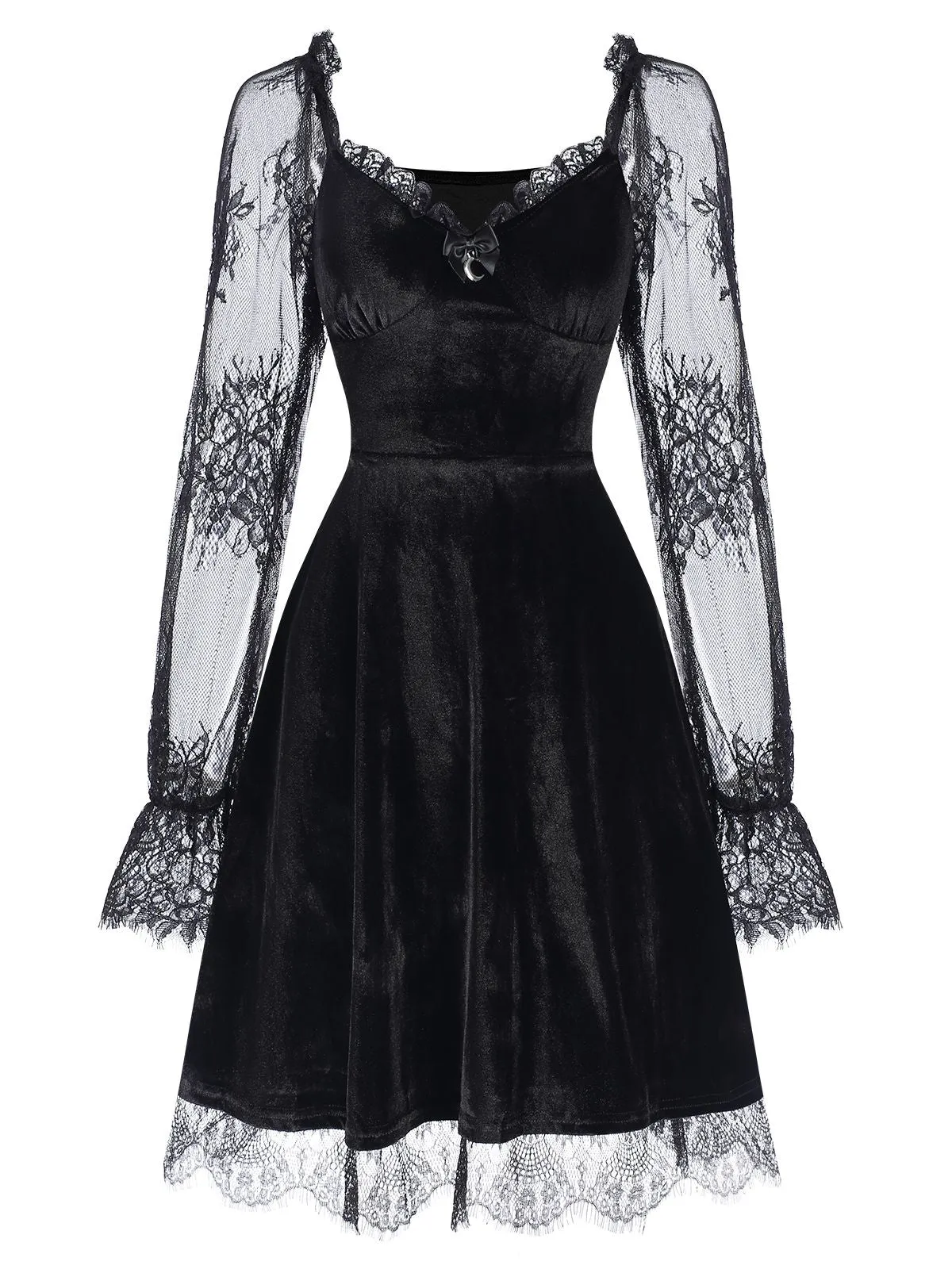 1940s Velvet Lace Flared Patchwork Dress