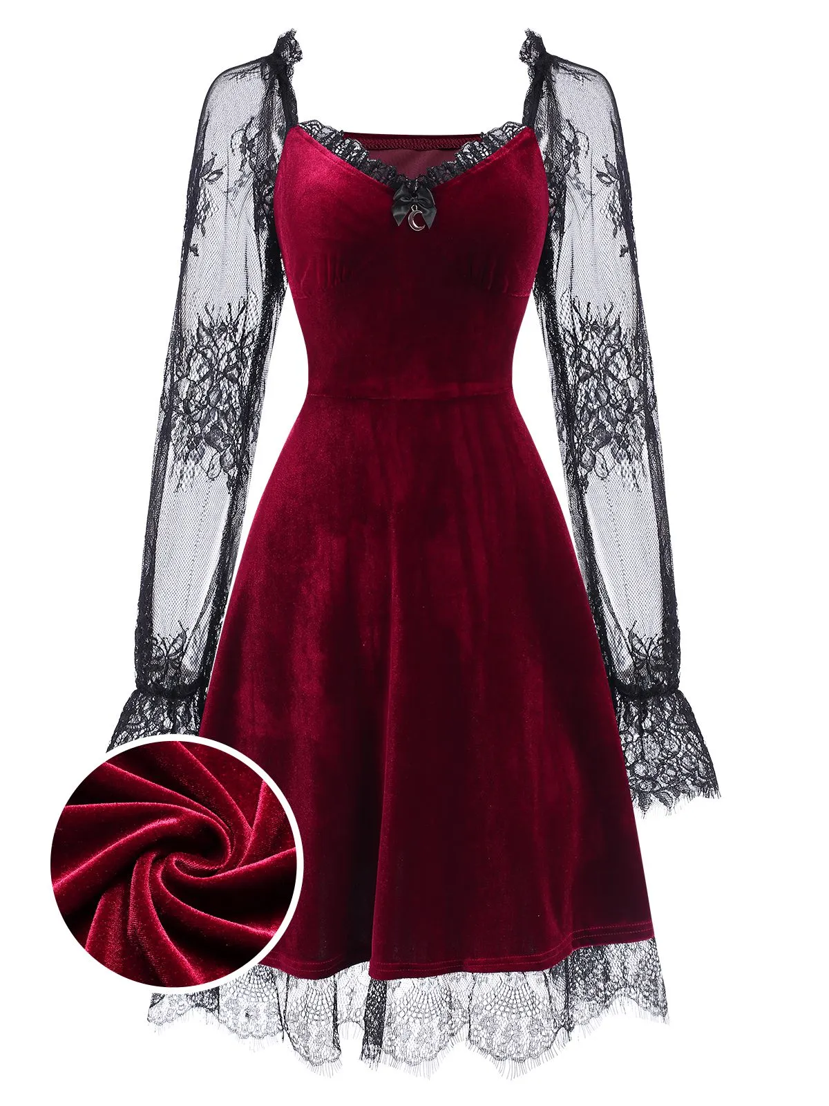 1940s Velvet Lace Flared Patchwork Dress