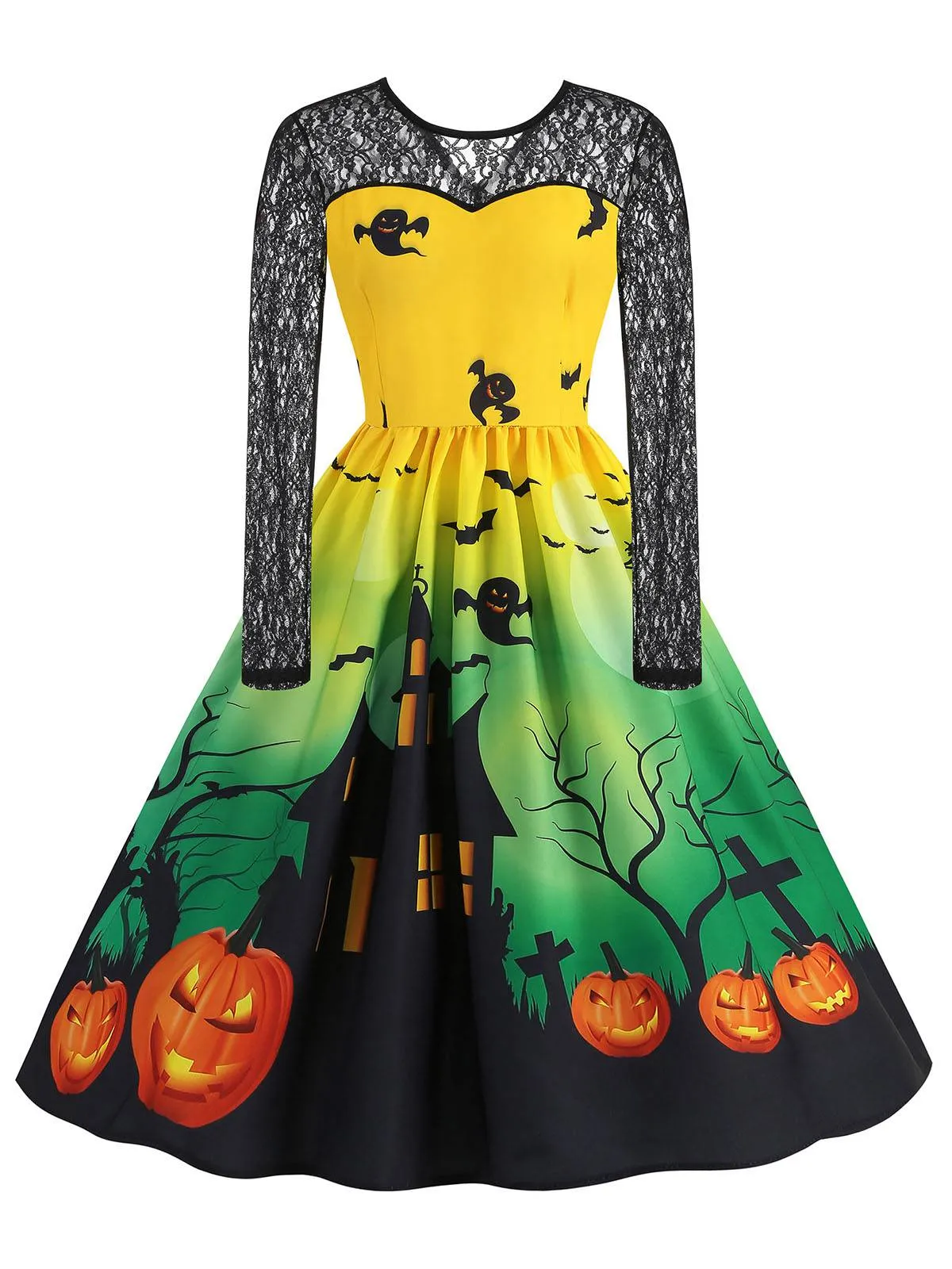 1950s Halloween Lace Sleeves Patchwork Dress