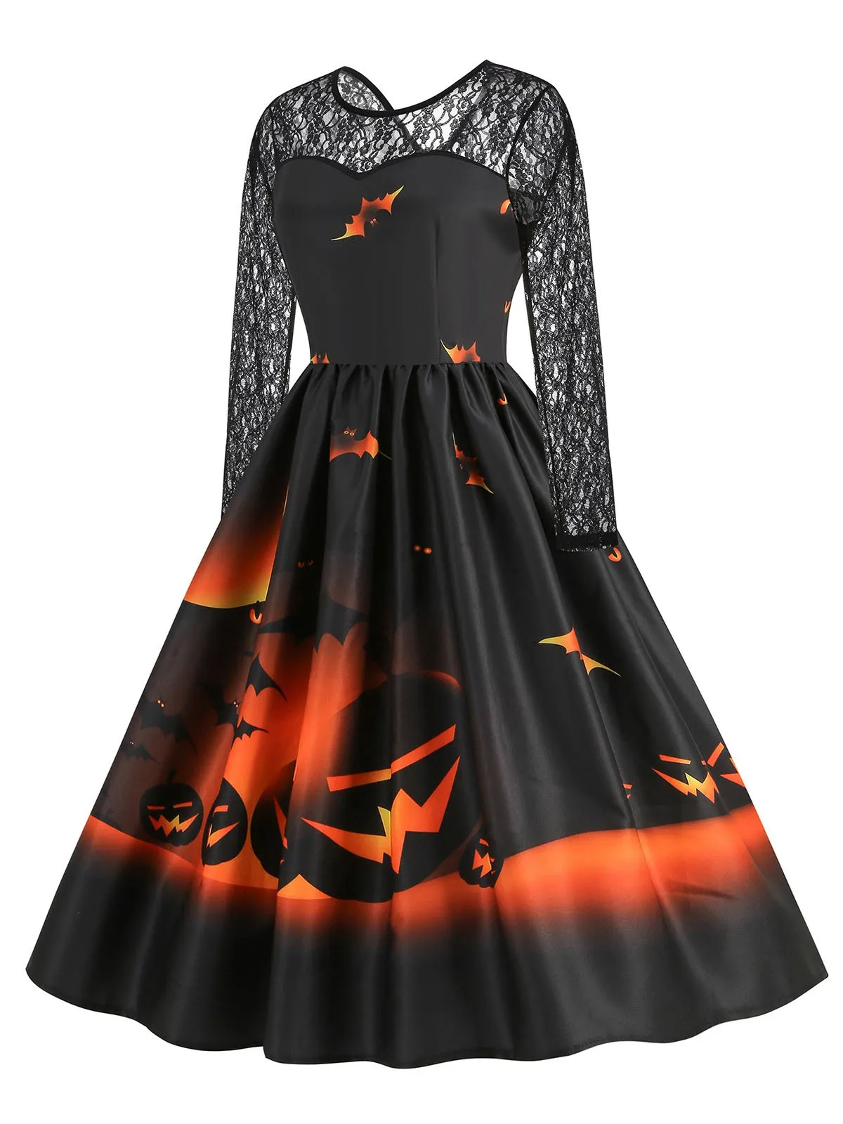 1950s Halloween Lace Sleeves Patchwork Dress