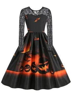 1950s Halloween Lace Sleeves Patchwork Dress