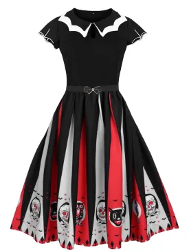 1950s Halloween Skull Owl Patchwork Dress