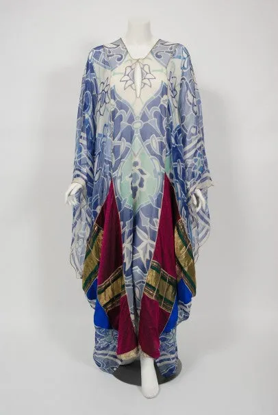 1975 Thea Porter Couture Documented Bohemian Patchwork Silk Abaya Caftan Dress