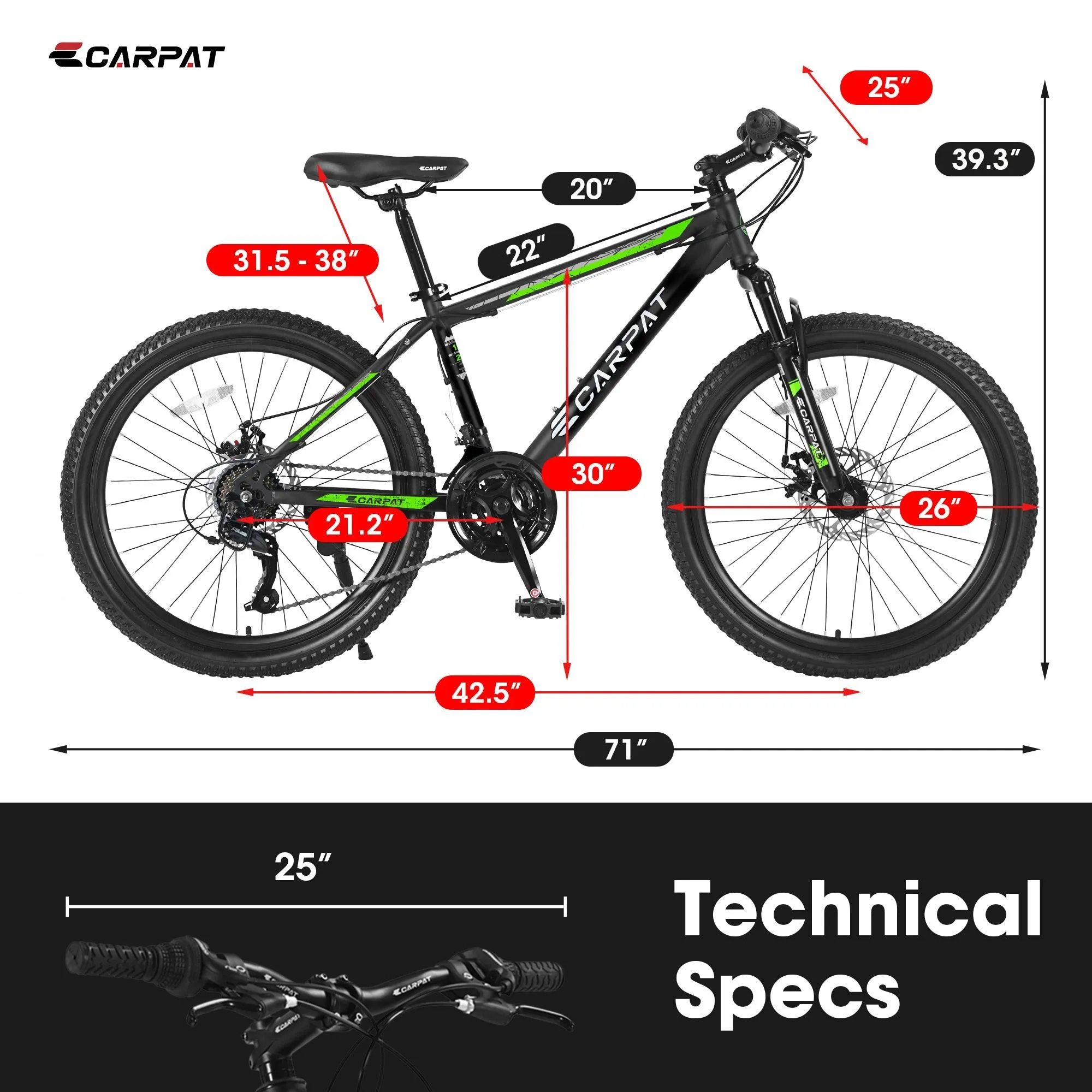 26" Mountain Bike, Shimano 21 Speeds, Mechanical Disc Brakes, High-Carbon Steel Frame