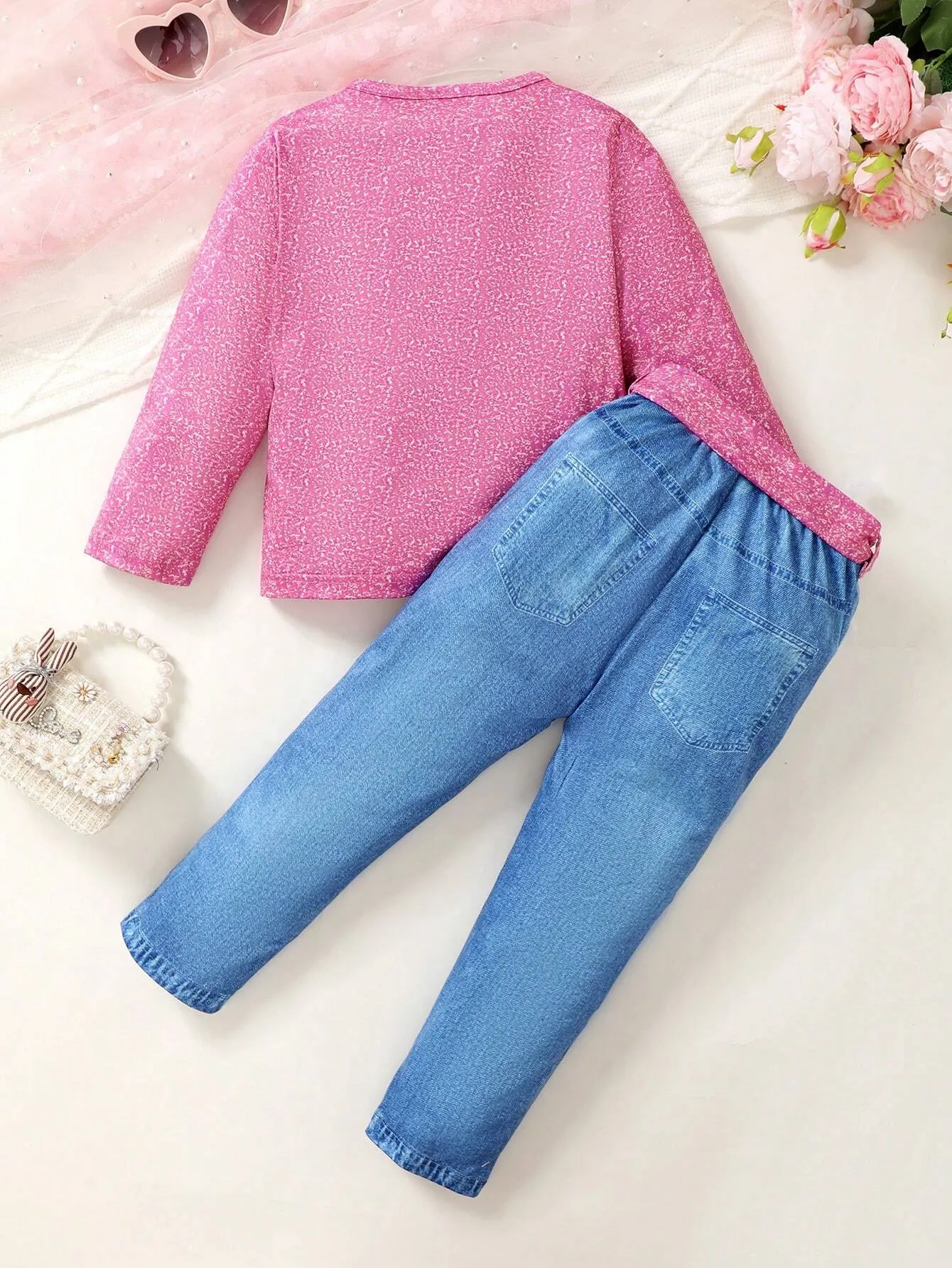 2pcs Girls Letter Print Round Neck Sweatshirt And Denim Patchwork Pants Set, Autumn/Winter