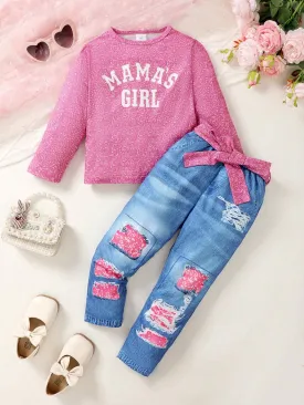 2pcs Girls Letter Print Round Neck Sweatshirt And Denim Patchwork Pants Set, Autumn/Winter