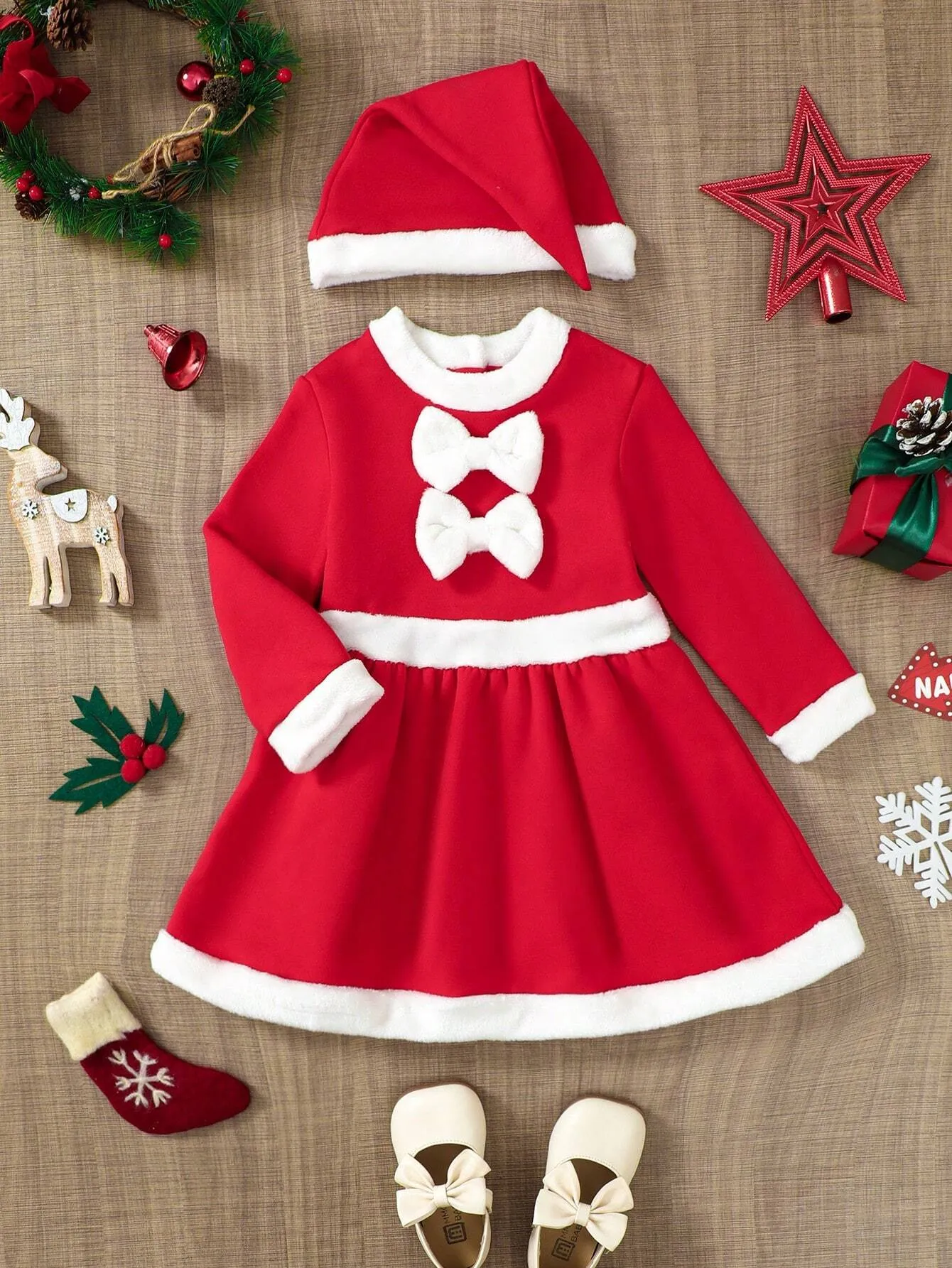 2pcs Young Girl Cute Casual Red & White Patchwork Collar Long Sleeve Bow Decor Christmas Dress