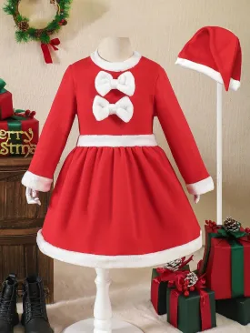 2pcs Young Girl Cute Casual Red & White Patchwork Collar Long Sleeve Bow Decor Christmas Dress