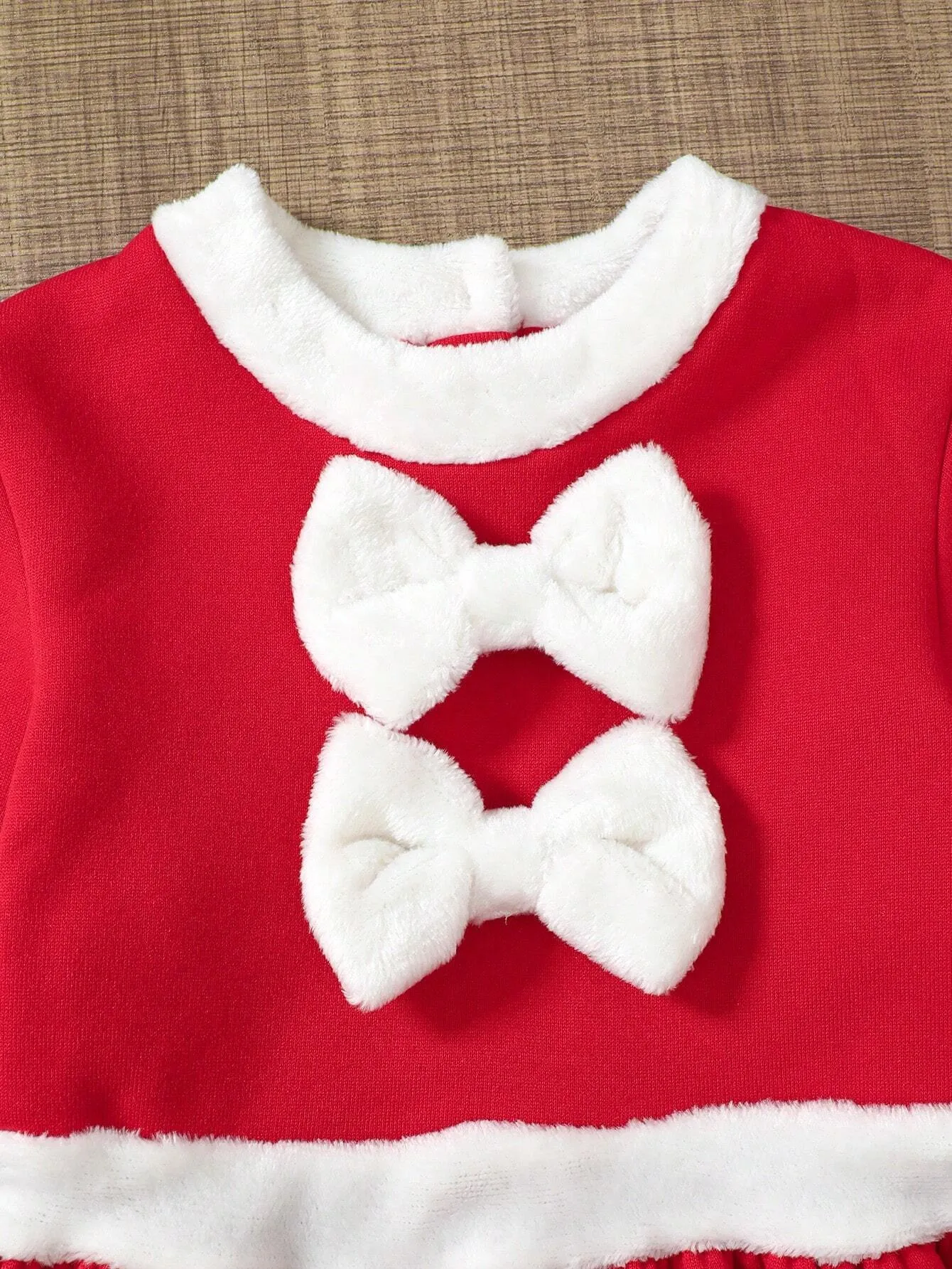 2pcs Young Girl Cute Casual Red & White Patchwork Collar Long Sleeve Bow Decor Christmas Dress