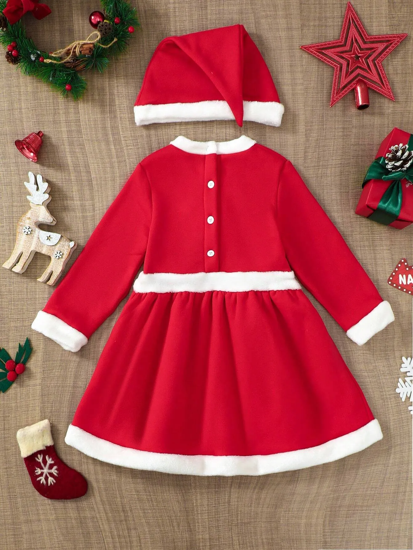 2pcs Young Girl Cute Casual Red & White Patchwork Collar Long Sleeve Bow Decor Christmas Dress