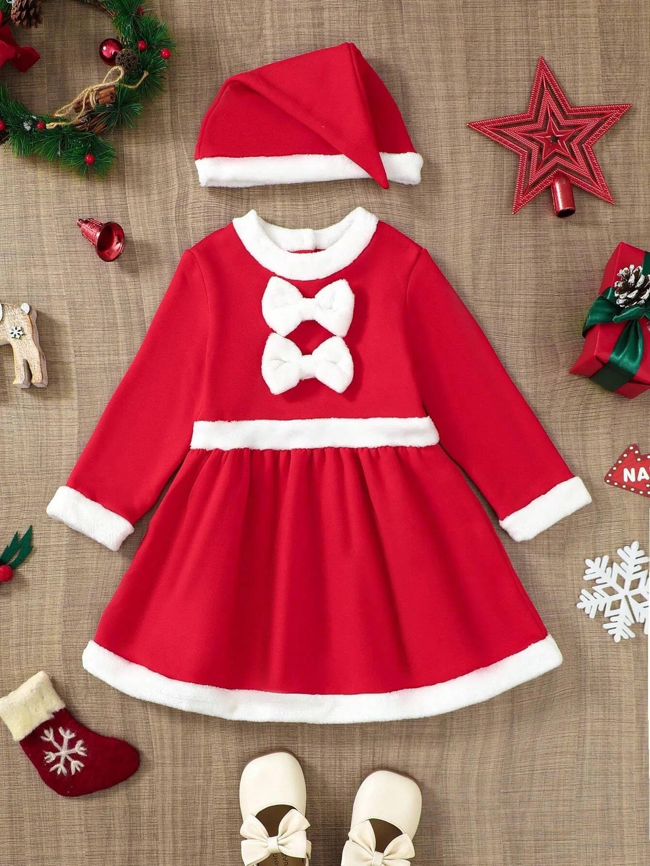 2pcs Young Girl Cute Casual Red & White Patchwork Collar Long Sleeve Bow Decor Christmas Dress