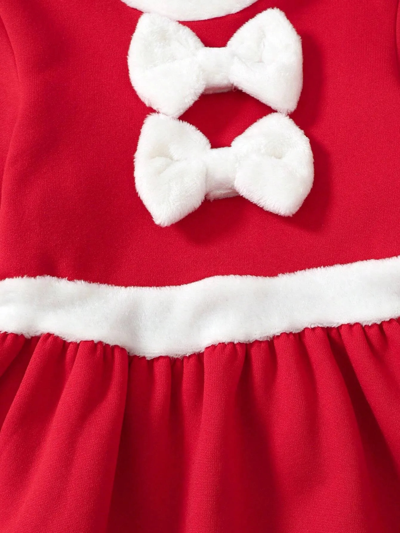 2pcs Young Girl Cute Casual Red & White Patchwork Collar Long Sleeve Bow Decor Christmas Dress