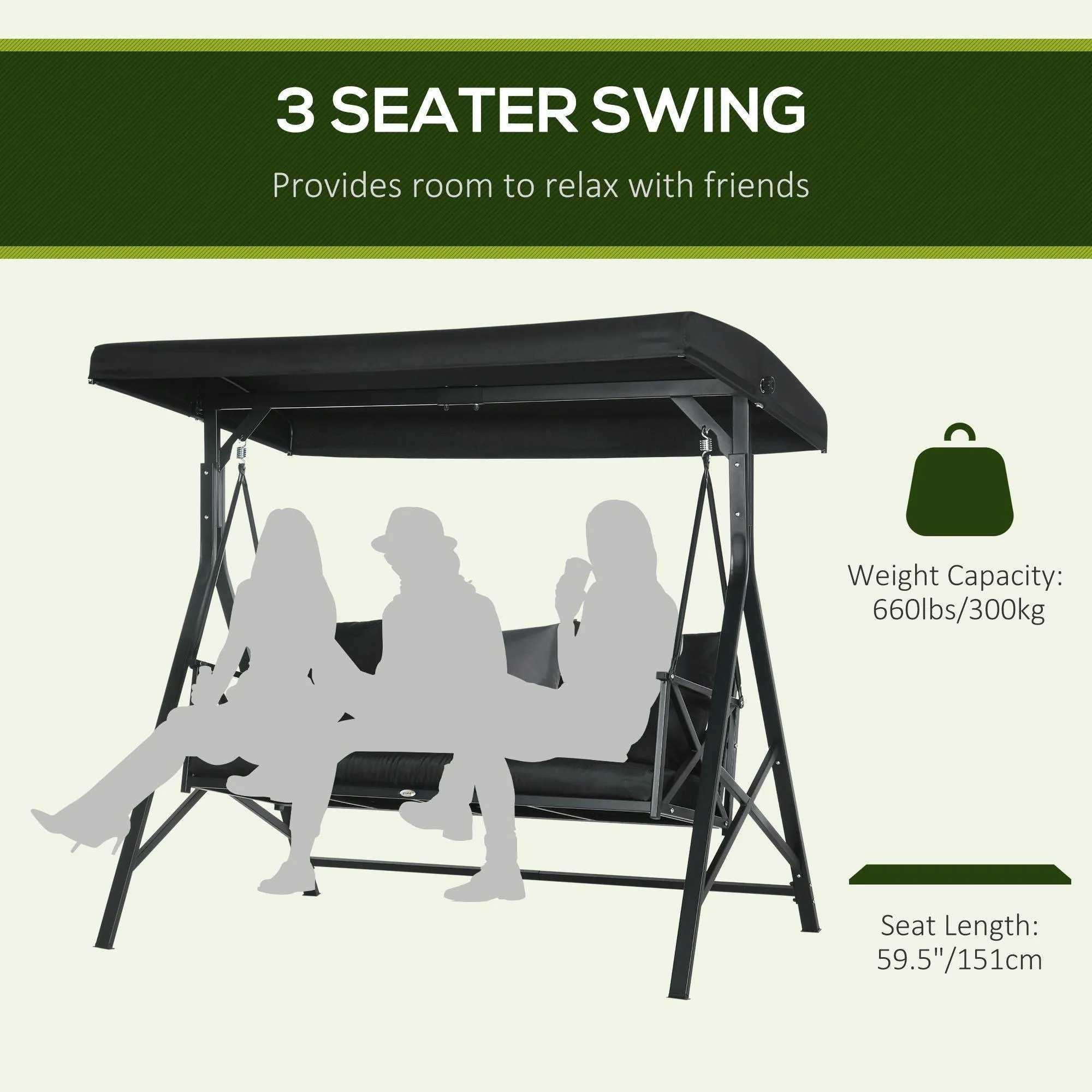 3-Seat Patio Swing Chair, Glider with Cushion, 3 Pillows, Adjustable Canopy, Black