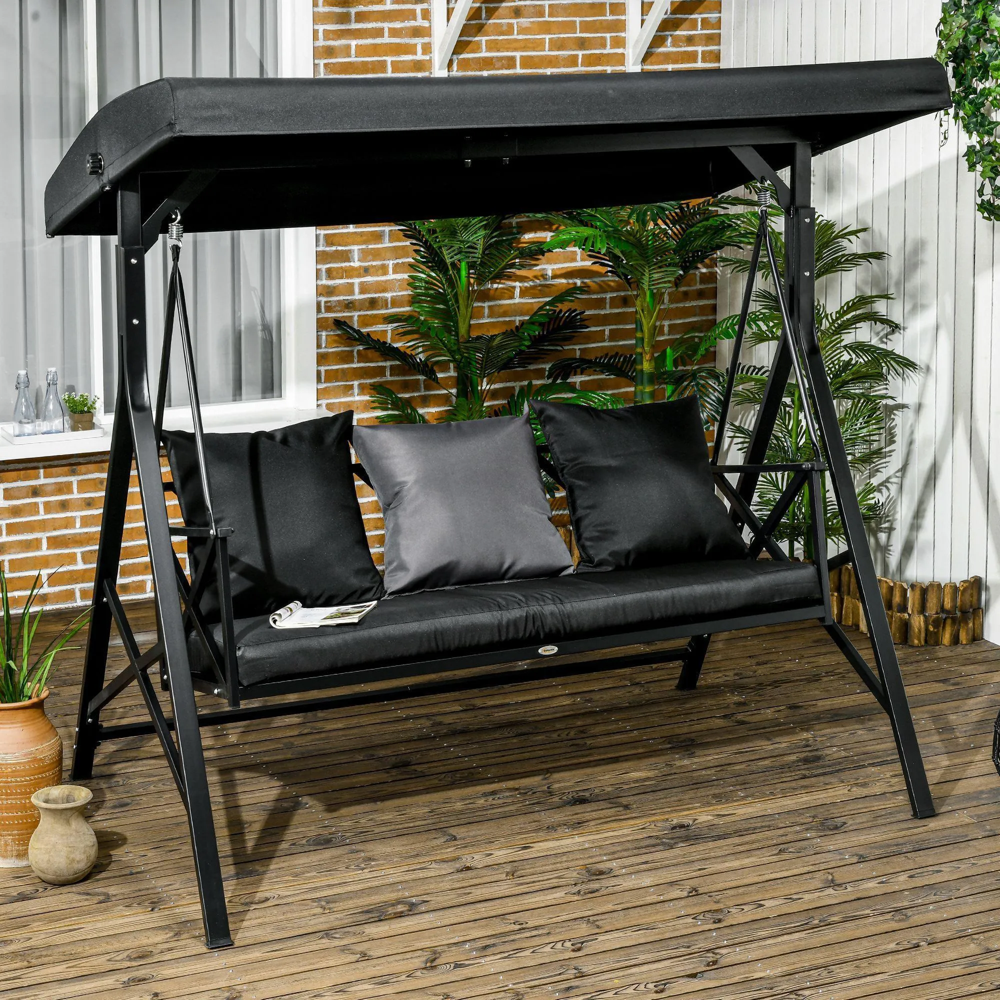 3-Seat Patio Swing Chair, Glider with Cushion, 3 Pillows, Adjustable Canopy, Black