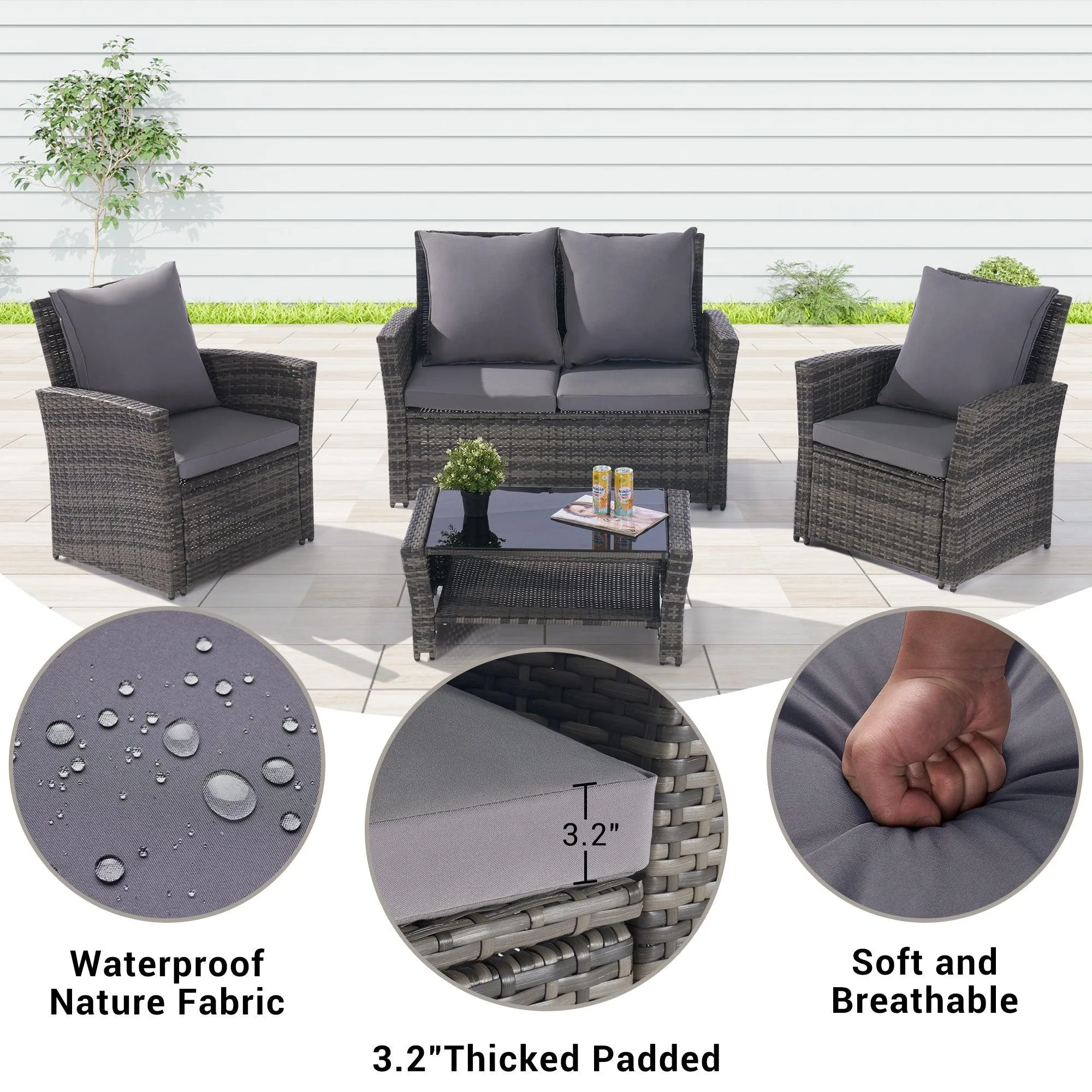 4 Pieces Outdoor Patio Furniture Sets Garden Rattan Chair Wicker Set, Tempered Glass Coffee Table