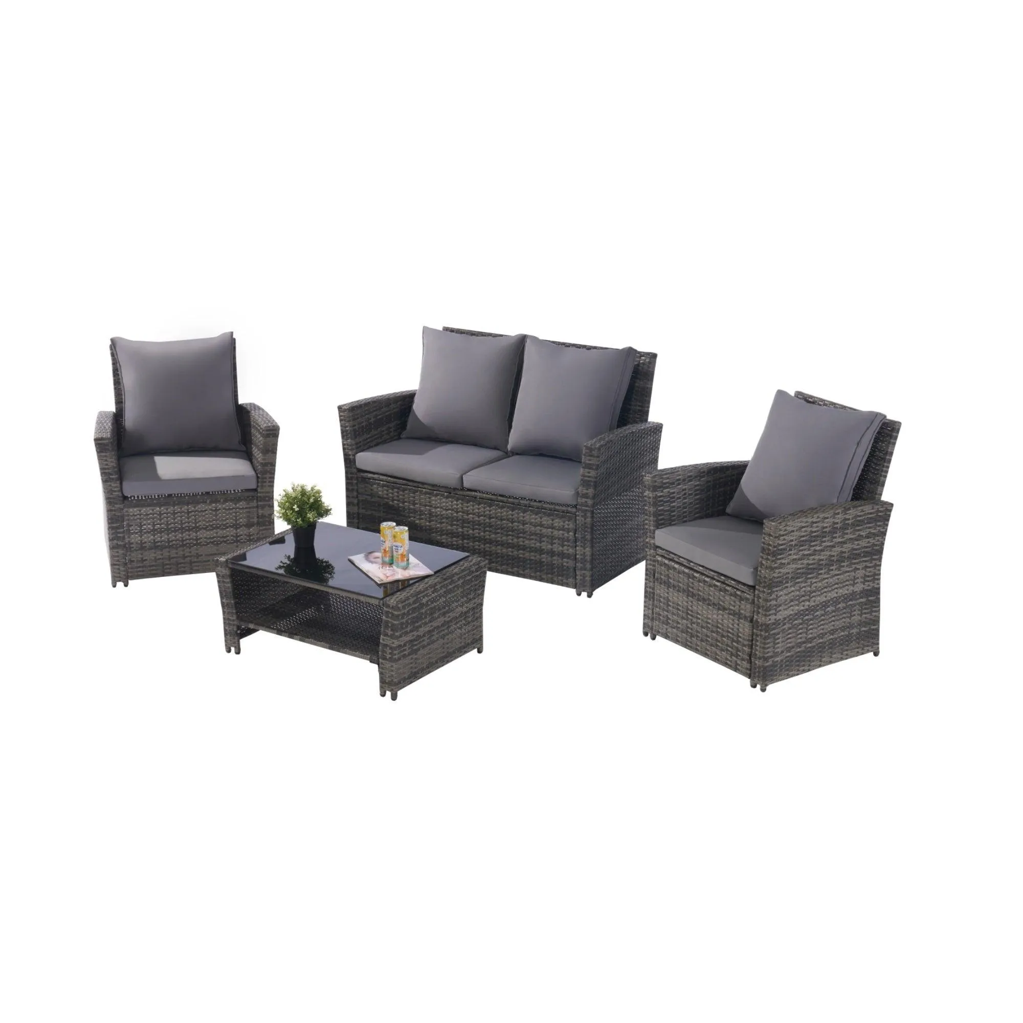 4 Pieces Outdoor Patio Furniture Sets Garden Rattan Chair Wicker Set, Tempered Glass Coffee Table