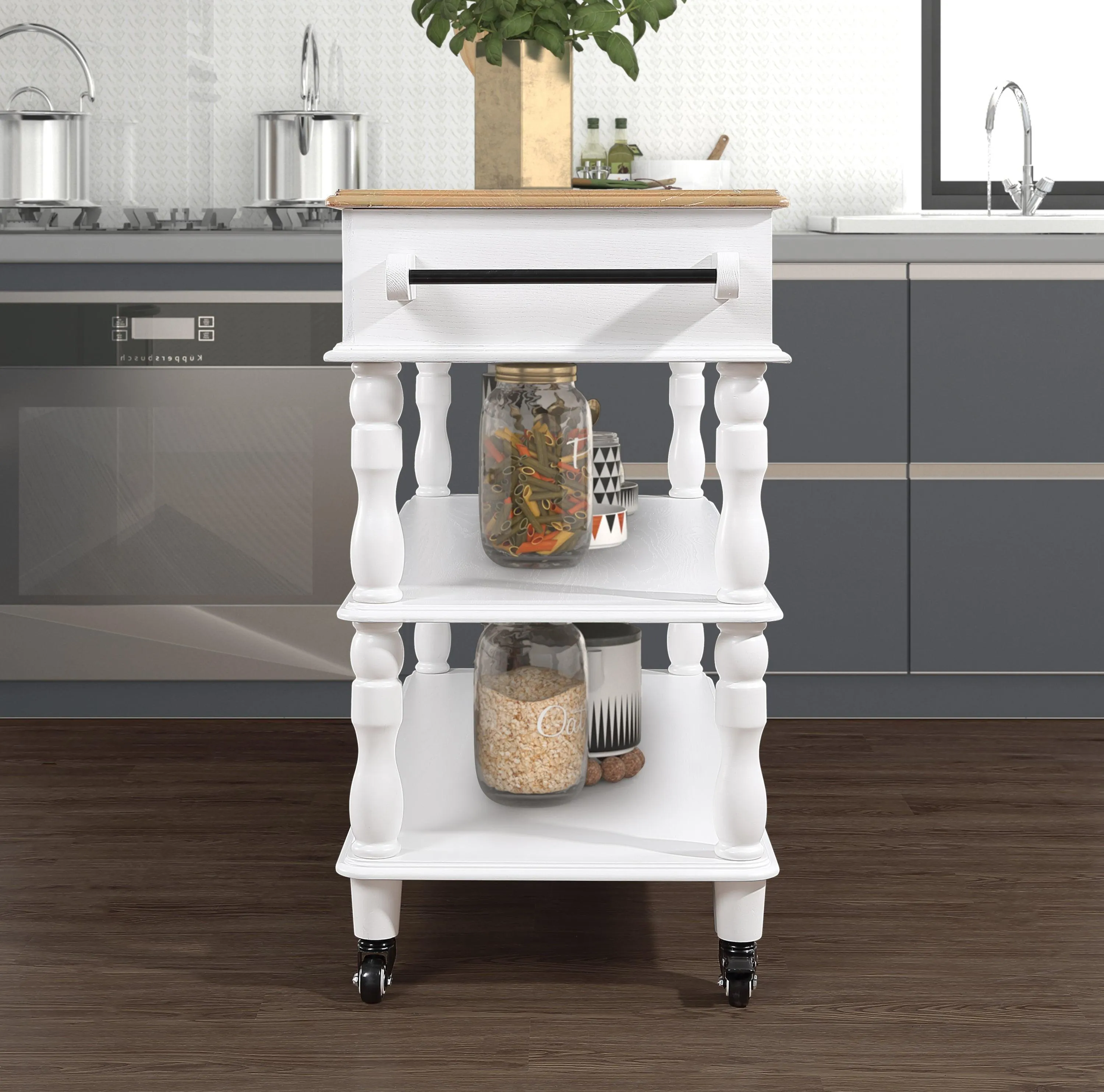56" Rolling Kitchen Island with Oak Top, 2 Drawers, Wine & Spice Rack, Wheels, Milk White   Natural