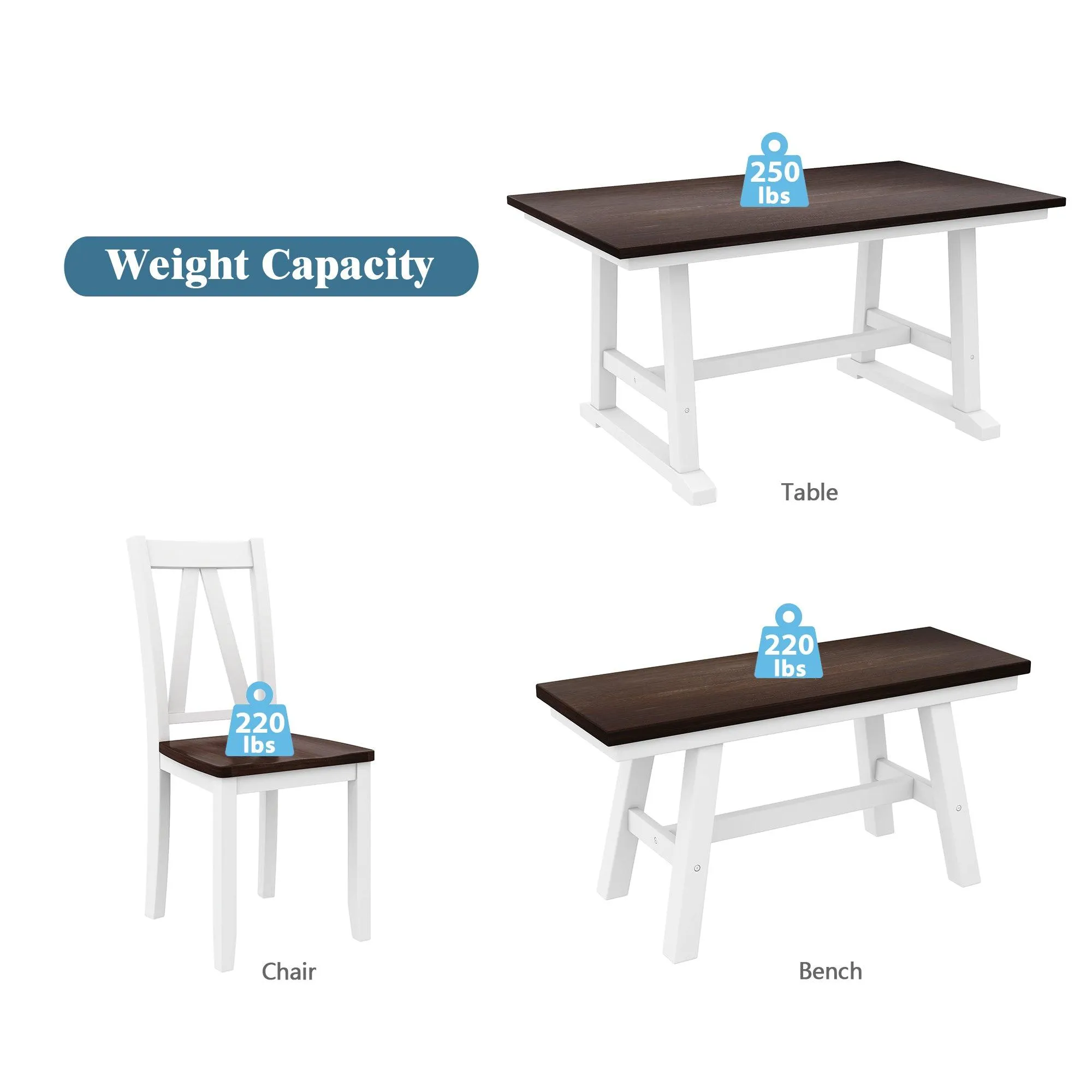 6-Piece Farmhouse Dining Table Set, Wood Table with Bench & 4 Chairs, Walnut/White