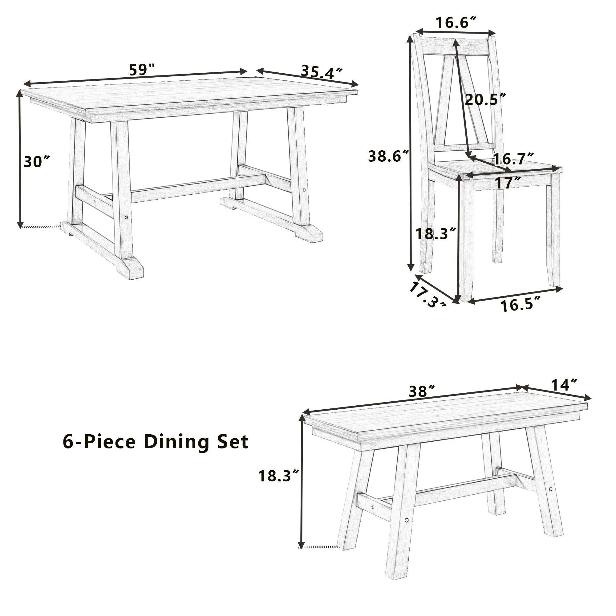 6-Piece Farmhouse Dining Table Set, Wood Table with Bench & 4 Chairs, Walnut/White