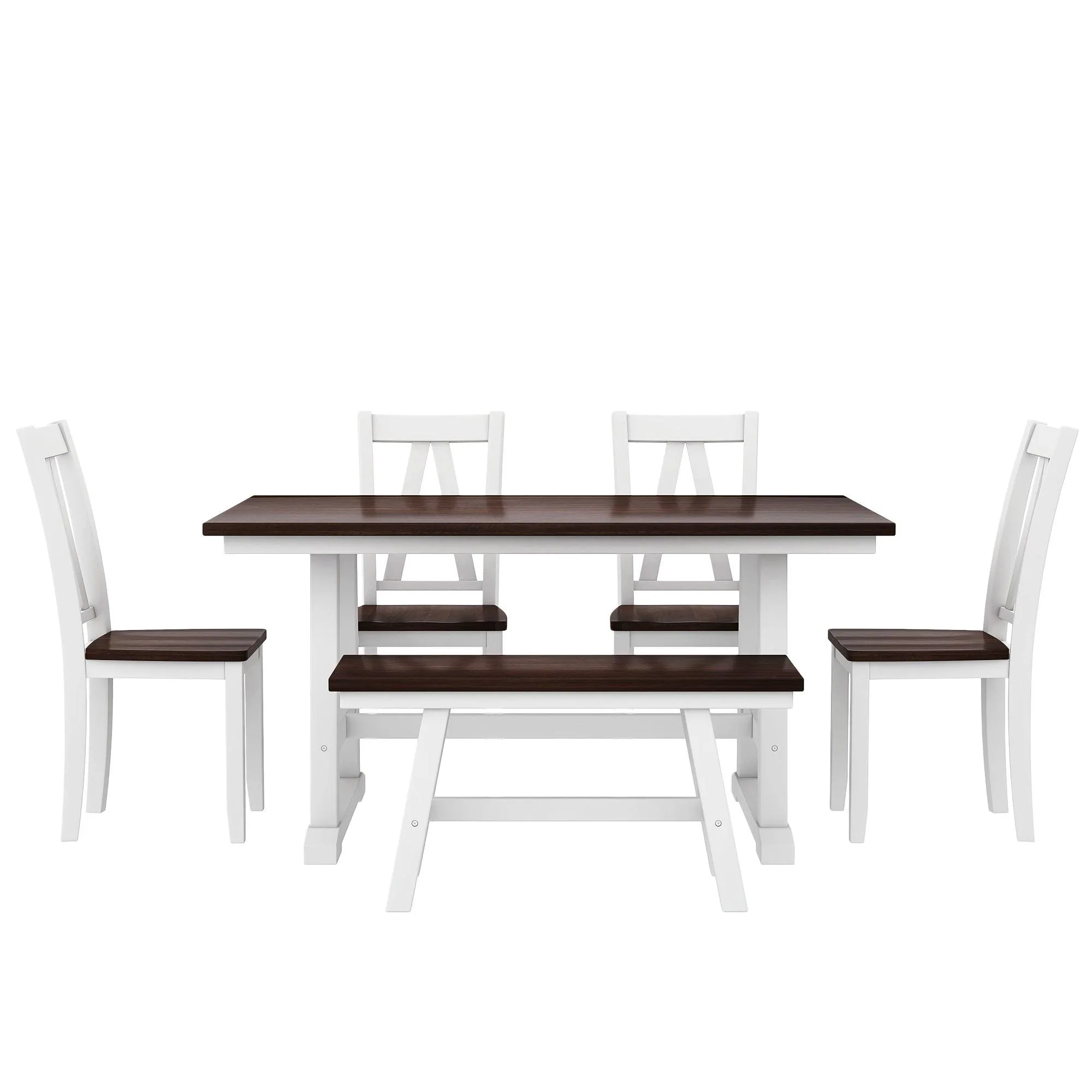 6-Piece Farmhouse Dining Table Set, Wood Table with Bench & 4 Chairs, Walnut/White