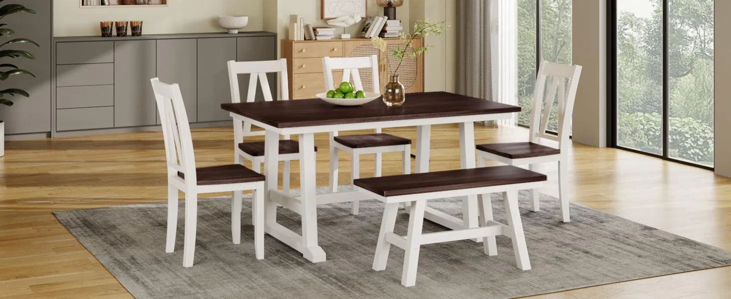 6-Piece Farmhouse Dining Table Set, Wood Table with Bench & 4 Chairs, Walnut/White