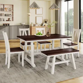 6-Piece Farmhouse Dining Table Set, Wood Table with Bench & 4 Chairs, Walnut/White