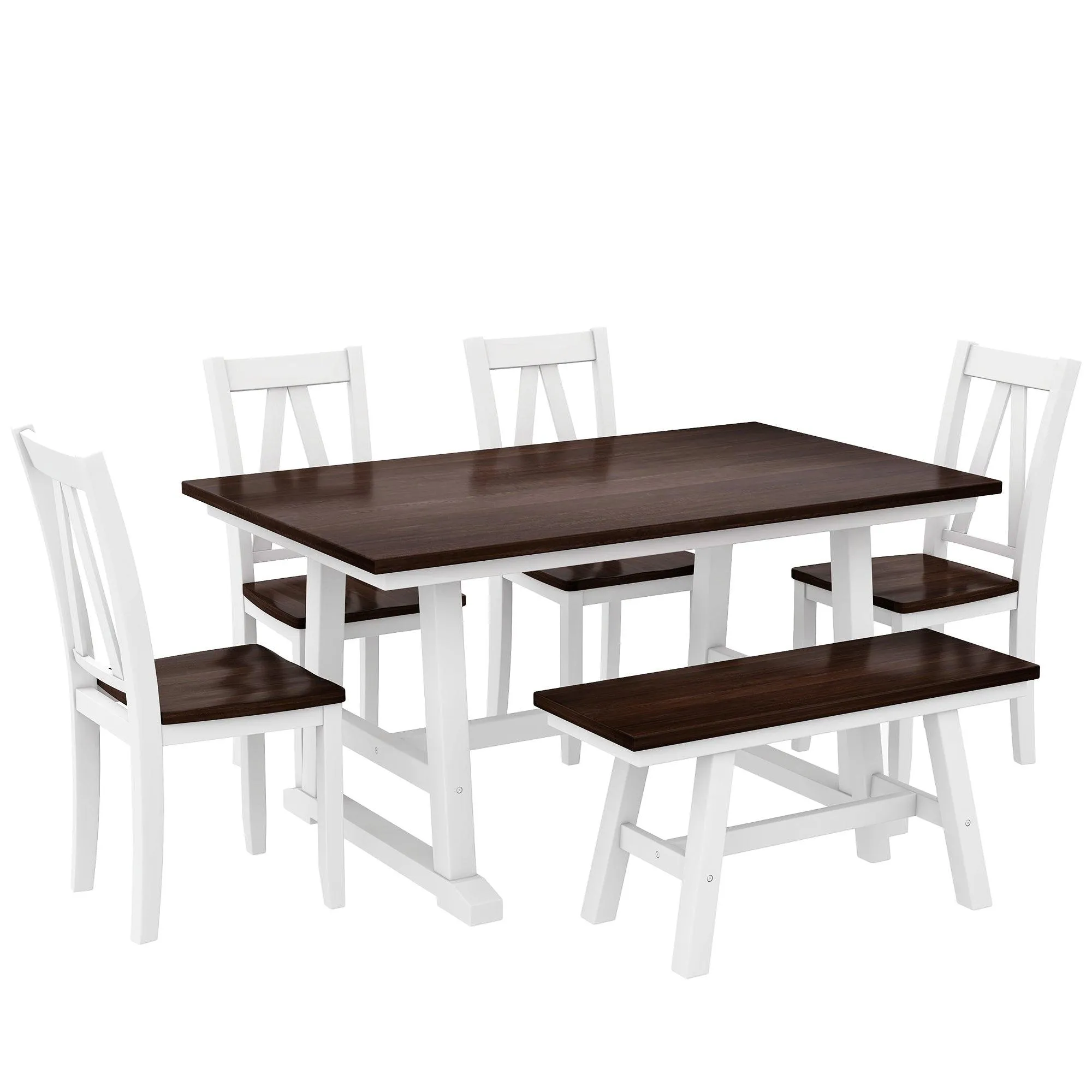 6-Piece Farmhouse Dining Table Set, Wood Table with Bench & 4 Chairs, Walnut/White