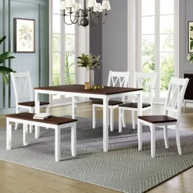 6-Piece Farmhouse Rustic Dining Set, Wooden Table with Cross-Back Chairs & Bench