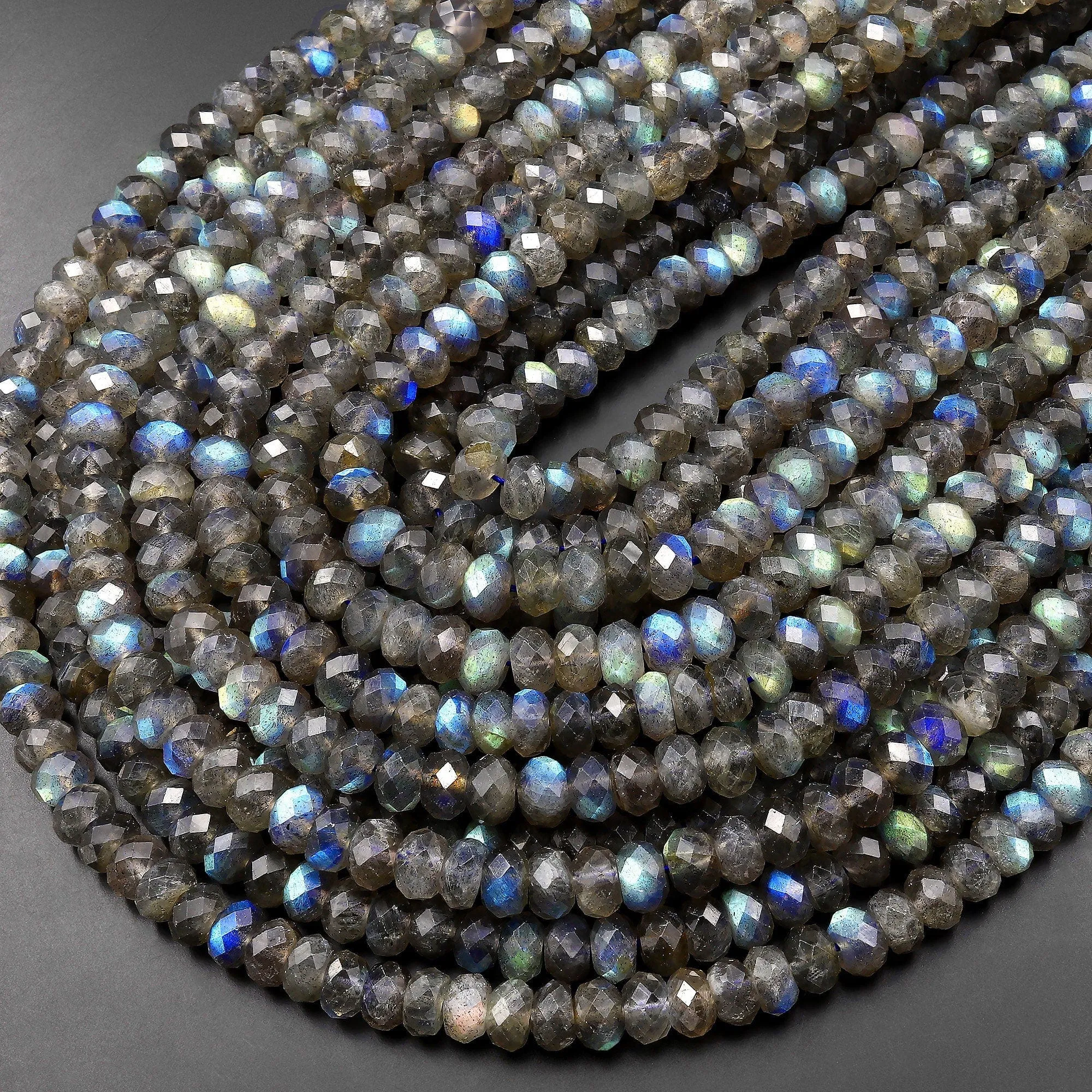 AAA Faceted Labradorite Rondelle Beads 8mm Brilliant Rainbow Blue Flashes Fire Diamond Cut 15.5" Strand