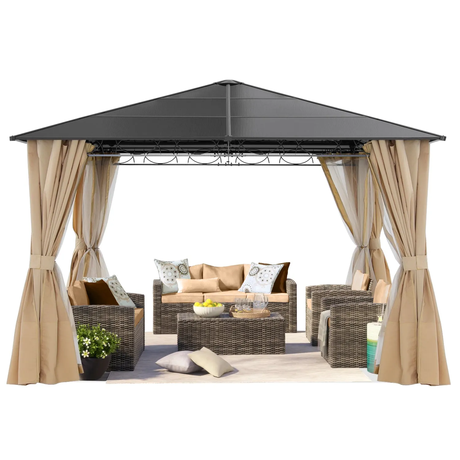 ABCCANOPY 10x10/10x12 Steel Roof Hardtop Gazebo with Privacy Curtains and Netting