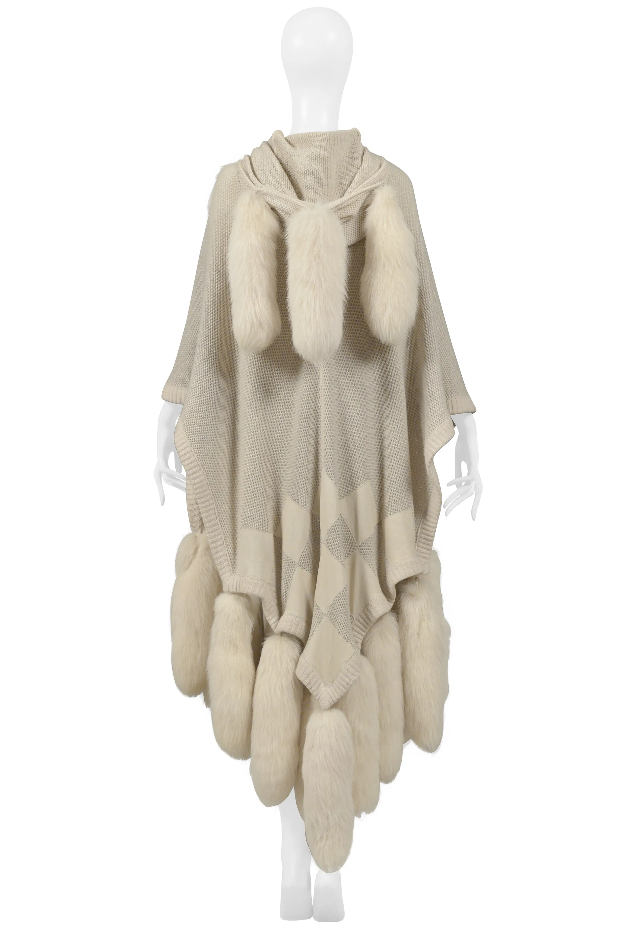 ALIMIA PARIS OFF-WHITE CAPE WITH FUR TAILS & LEATHER PATCHES