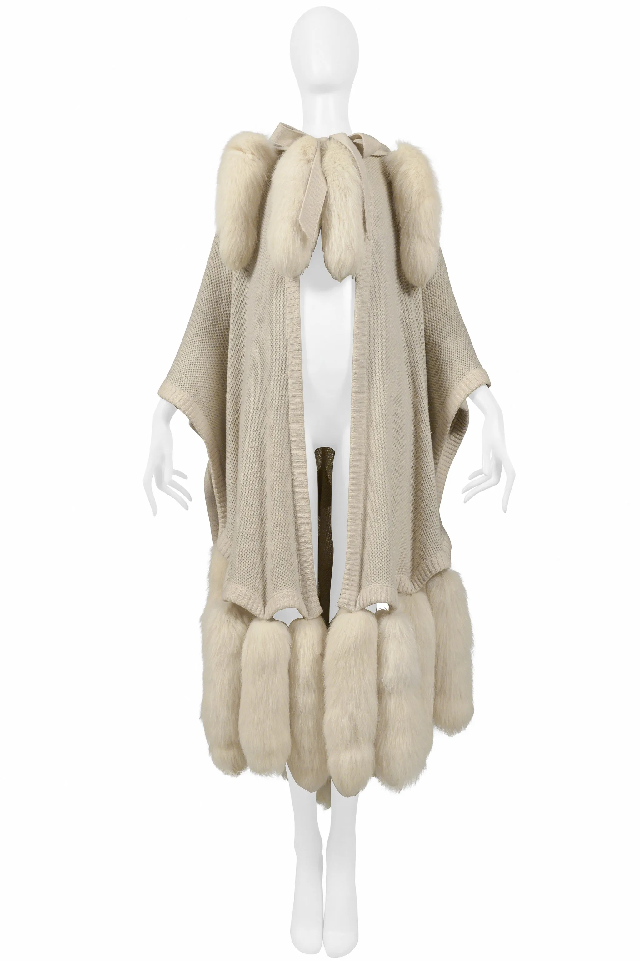 ALIMIA PARIS OFF-WHITE CAPE WITH FUR TAILS & LEATHER PATCHES