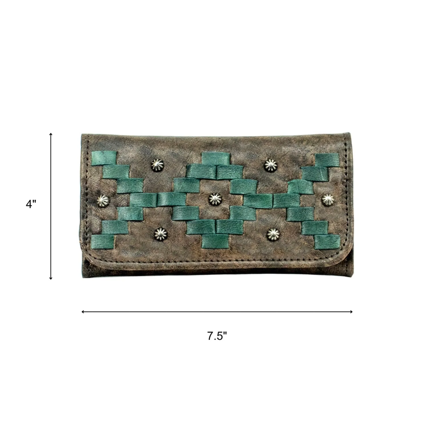 American West Womens Tribal Weave Distressed Charcoal Leather Trifold Wallet