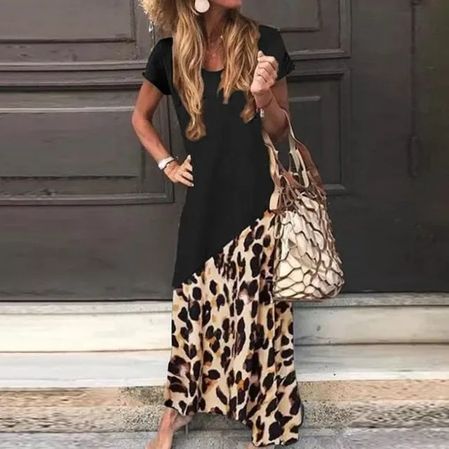 Amy Fashion - Casual Short Sleeve Leopard Printed Maxi Dress