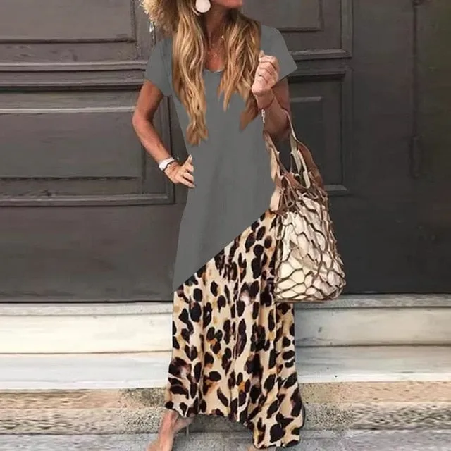 Amy Fashion - Casual Short Sleeve Leopard Printed Maxi Dress