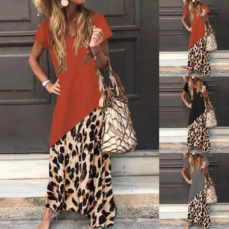 Amy Fashion - Casual Short Sleeve Leopard Printed Maxi Dress