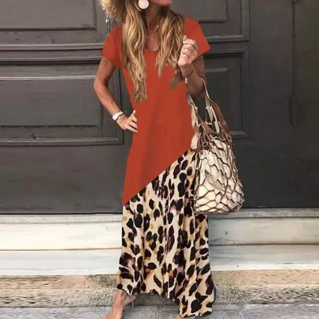 Amy Fashion - Casual Short Sleeve Leopard Printed Maxi Dress