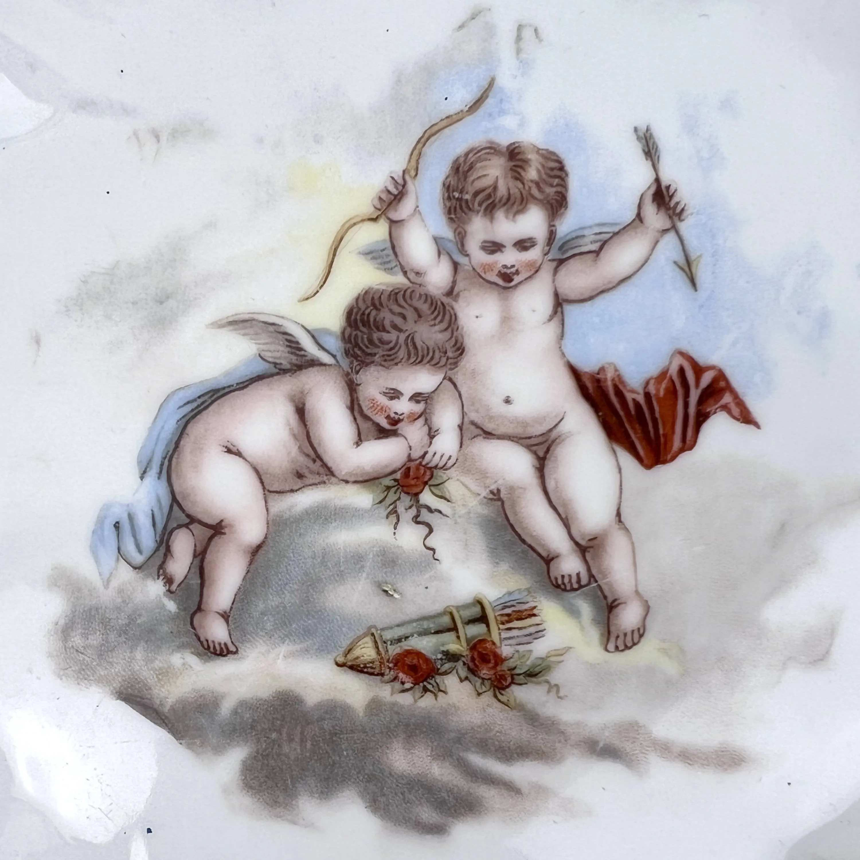 Antique Porcelain Plate with Cupids Transfer Print