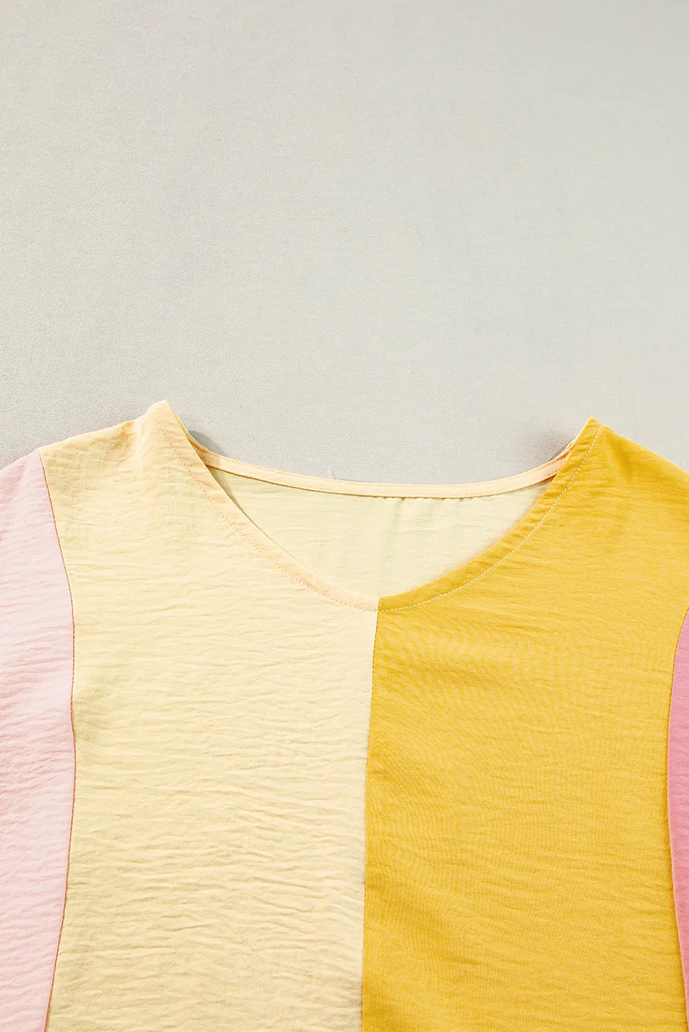 Apricot Crinkled Colorblock Patchwork V Neck T Shirt