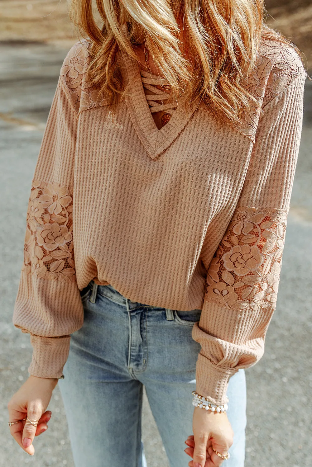 Apricot Lace Waffle Patchwork Strappy V Neck Long Sleeve Top