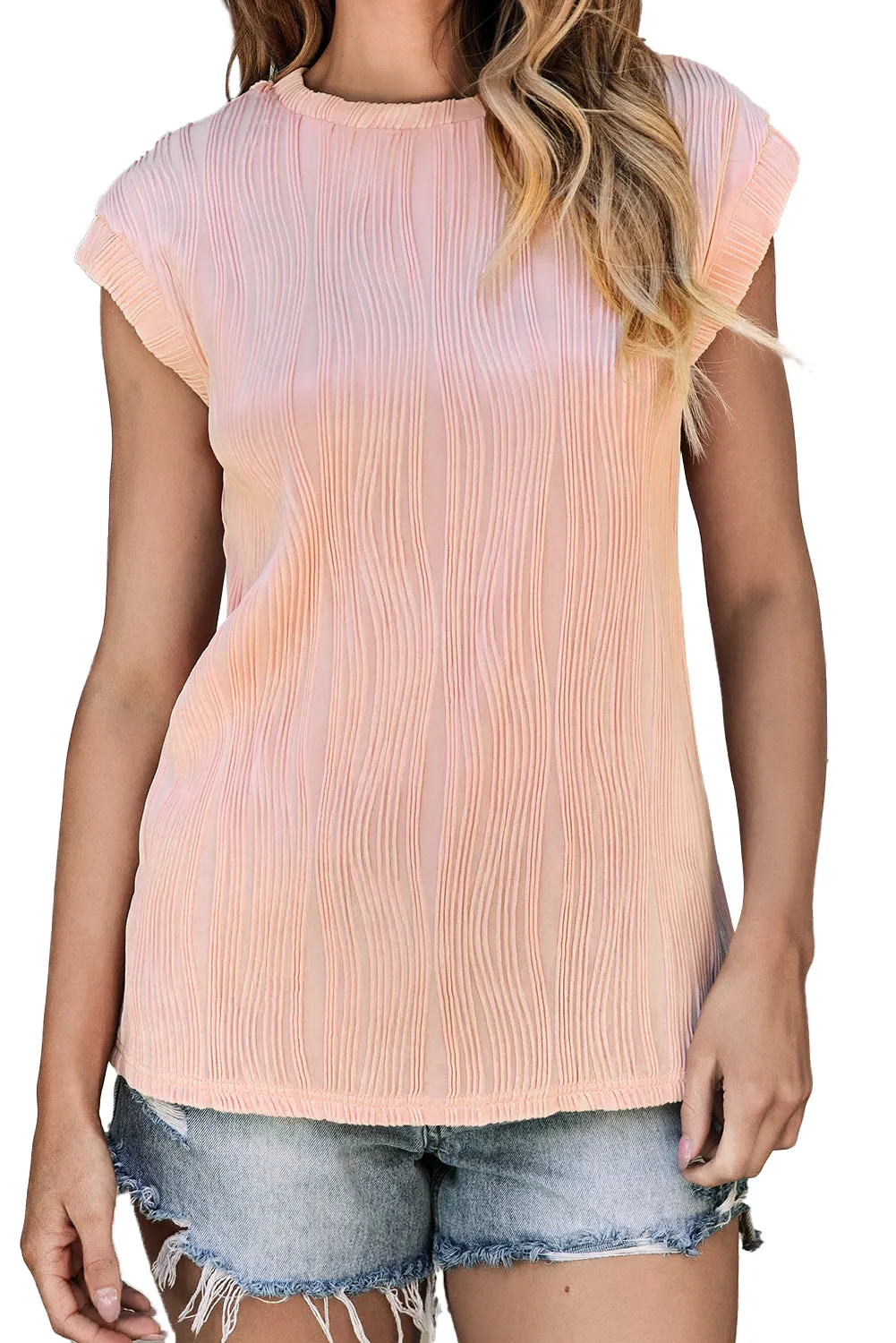 Apricot Wavy Texture Cap Sleeve Top