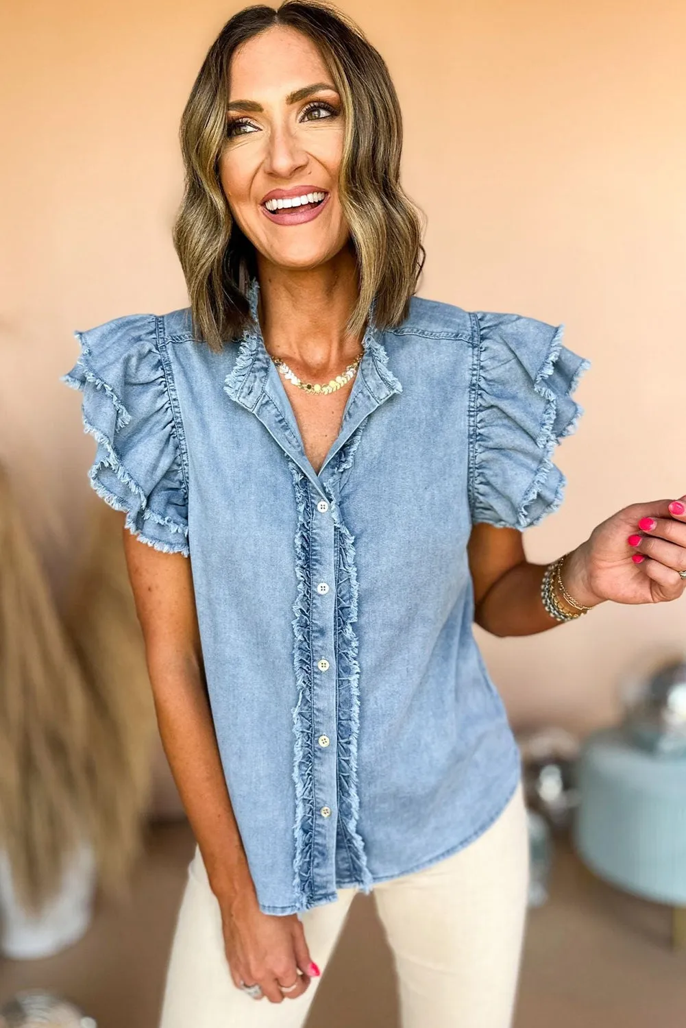 Beau Blue Button Front Ruffled Flutter Frayed Denim Top