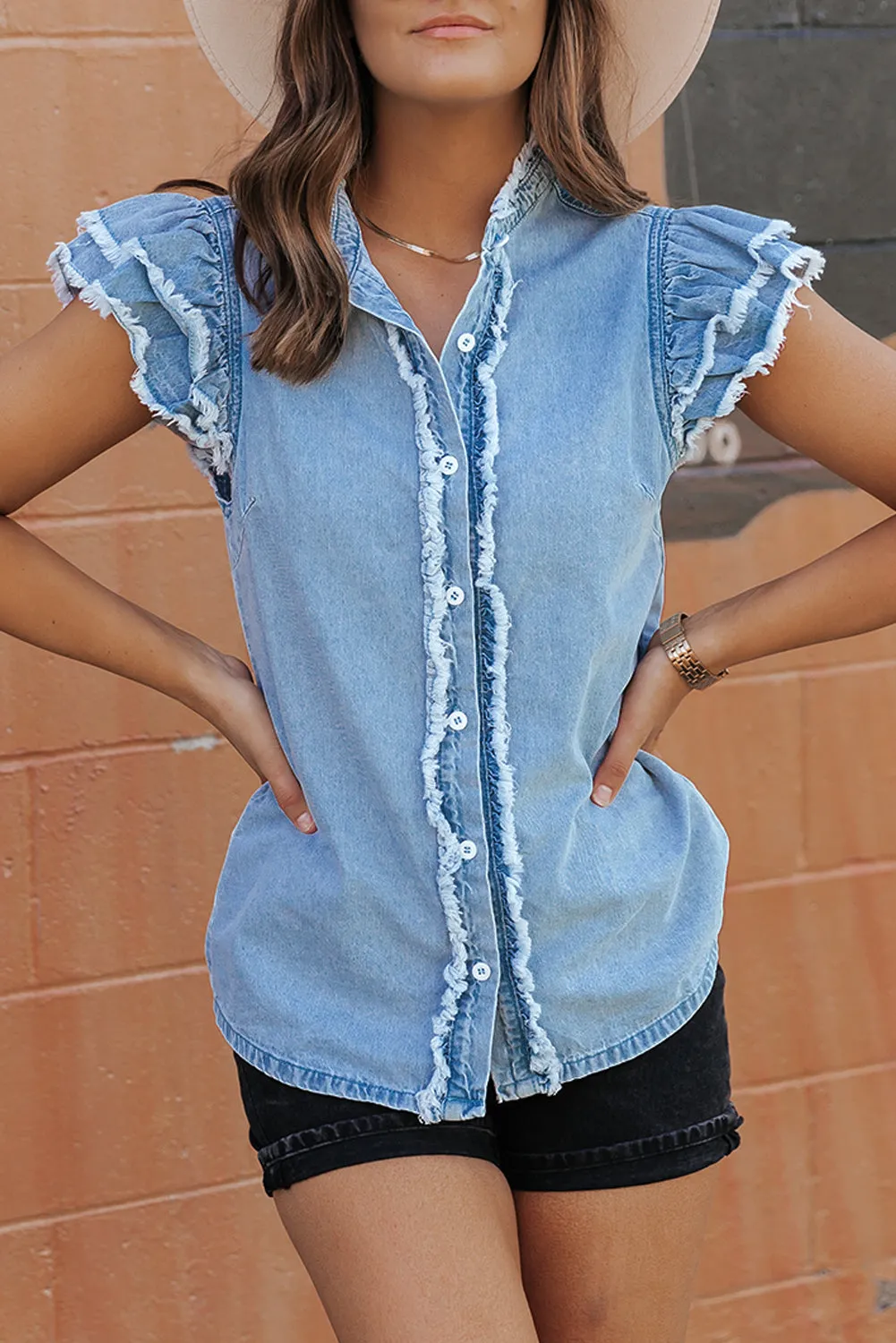 Beau Blue Button Front Ruffled Flutter Frayed Denim Top