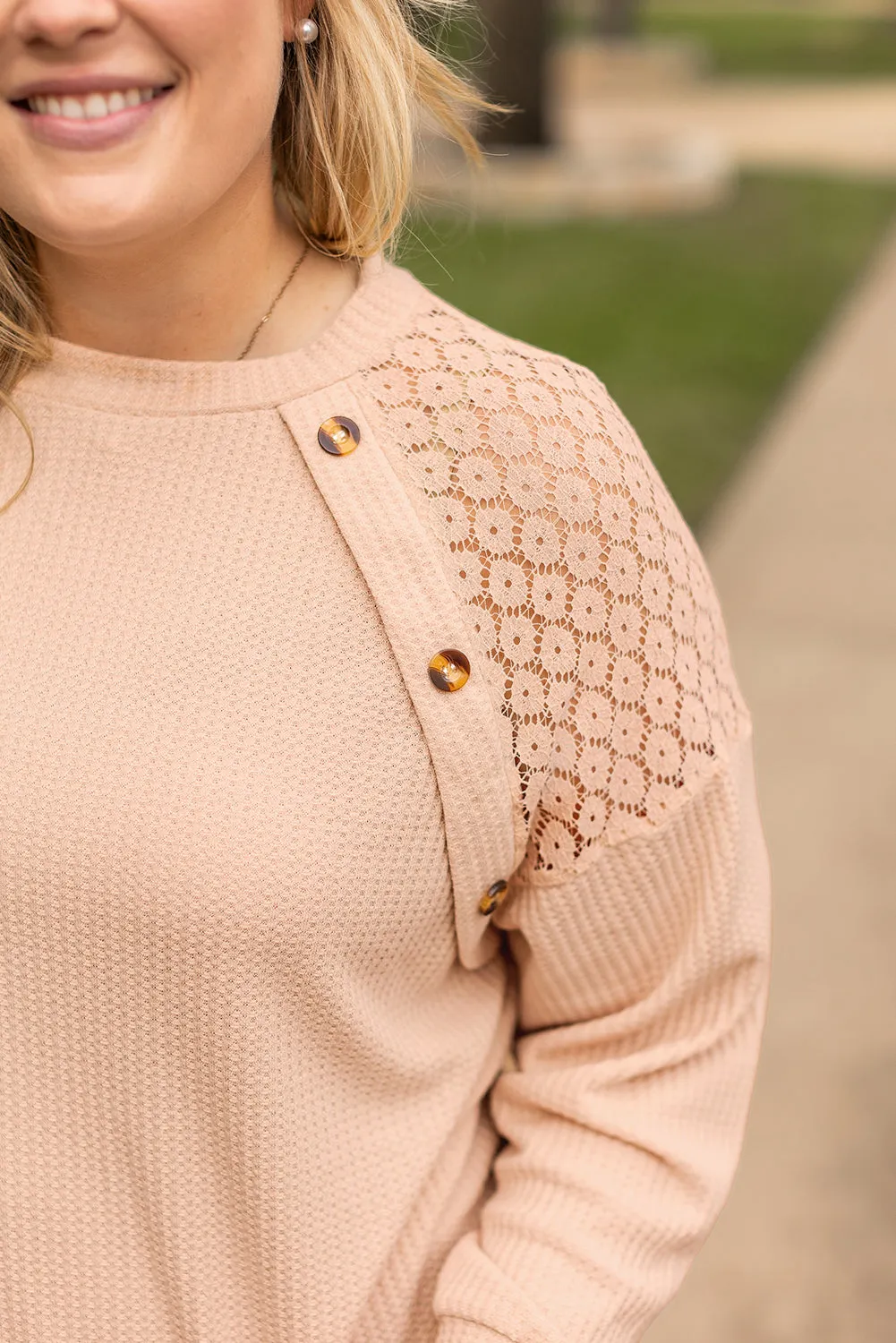 Beige Plus Size Lace Patchwork Buttons Waffle Knit Top